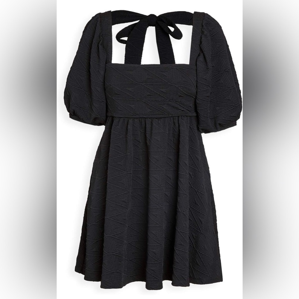 Free People Violet Mini Dress Black‎ Textured Puff Sleeve Babydoll Open Back Bow